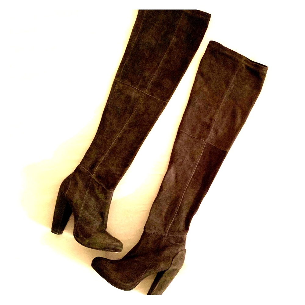 Suede High-Heeled Boots, Thigh-High, in Slate